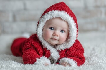 Infant dressed as Santa rests on a white blanket holiday theme