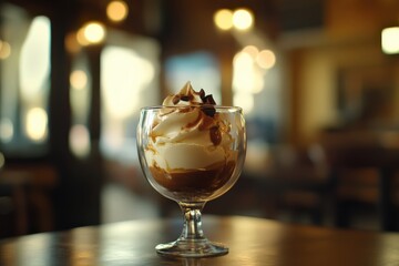 Delicious Affogato Style Dessert with Whipped Cream and Chocolate in a Cozy Cafe Setting for Menus and Sweet Treat Promotions