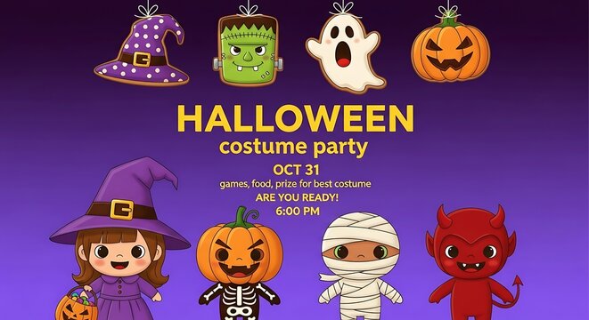 Get Ready for Spooky Fun Halloween Costume Party with Witch, Ghost, Pumpkin, Frankenstein and Devil Characters on a Purple Background Invitation