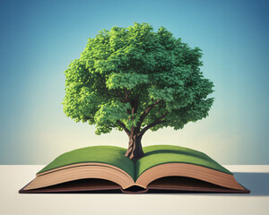 Vibrant tree growing from an open book, symbolizing knowledge, growth, and learning against a clear blue sky, perfect for education and environmental concepts