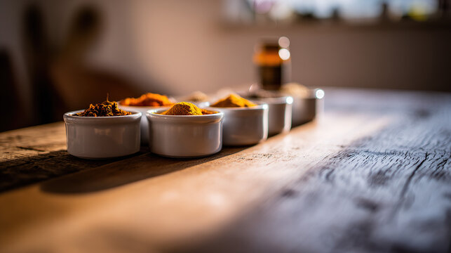aromatic. An artistic arrangement of spice cups on a wooden table from an overhead perspective. menu design, packaging mockups, designed for culinary blogs and recipe cards for restaurants.