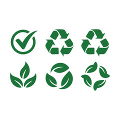 Six green eco friendly symbols including recycle arrows and leaves ecology