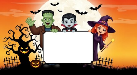 Delightful Halloween announcement with cartoon witch, vampire, and Frankenstein's monster holding a blank banner under a spooky moon, perfect for parties
