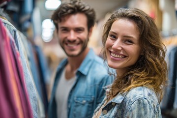 Joyful couple shopping at a clothing store emphasizing the man