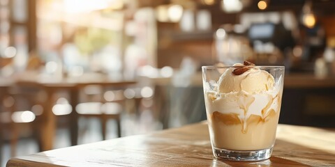 Delicious Ice Cream Coffee Drink with Almonds in a Cozy Cafe Setting. Perfect for Promoting Sweet Treats, Beverages, and Relaxing Moments