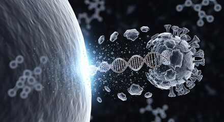 Advanced scientific illustration depicting the intricate process of viral genetic material integration into a cellular structure, symbolizing biological invasion and molecular interaction