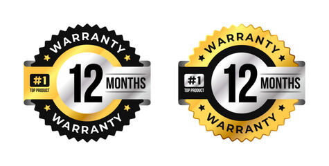Premium 12 months warranty circle badge vector with black, gold and silver colors. Perfect for product guarantee, icon, logo, symbol, seal, stickers, quality assurance, label, certification