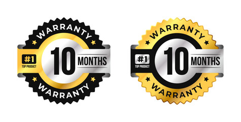 Premium 10 months warranty circle badge vector with black, gold and silver colors. Perfect for product guarantee, icon, logo, symbol, seal, stickers, quality assurance, label, certification
