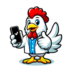 Friendly Chicken Mascot with Smartphone and Thumbs Up Gesture
