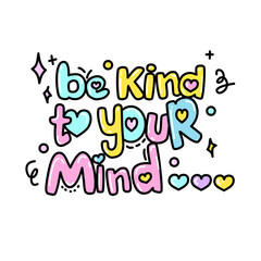 Kindness Typography: Pastel Colored Text with Hearts and Sparkles.
