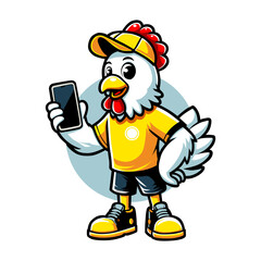 Tech-Savvy Chicken Mascot with Smartphone