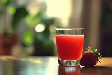 Freshly Squeezed Strawberry Juice Glass with Whole Berry; Perfect for Healthy Lifestyle, Recipe, and Beverage Marketing