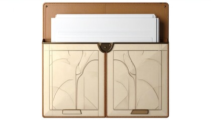 Beige leather folio, open to reveal stacked white paper and ornate, floral-esque design
