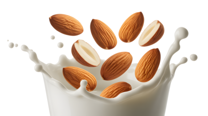 Almonds dynamically splashing into creamy milk, a vibrant scene perfect for healthy food advertisements and dairy product marketing materials