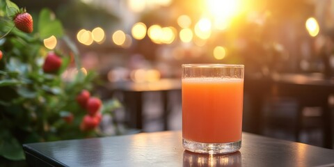 Refreshing Fruit Juice Glass on Outdoor Cafe Table at Golden Sunset Hour, Perfect for Healthy Drink Promotions