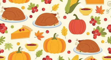Thanksgiving themed pattern with turkey pumpkins pie corn and autumn leaves design