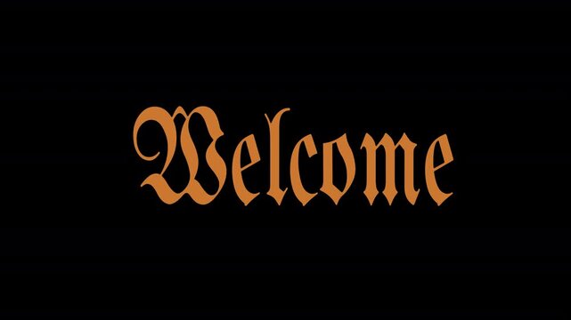 Seamless looping animation text on displaying the word "Welcome" in an ornate, old-style script font on transparent background. The text is colored in a warm, earthy tone (gold/brown). 4k, QuickTime