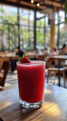 Refreshing Strawberry Drink in a Glass on a Wooden Cafe Table for Healthy Beverage Promotion and Summer Menu Design