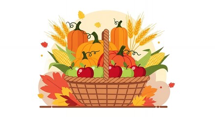Harvest basket filled with pumpkins apples corn and wheat for fall celebrations