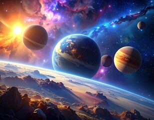 A vibrant cosmic scene featuring planets against nebulae and a bright star