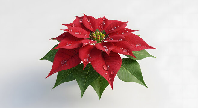 A close-up shot of a vibrant red poinsettia with water droplets on its petals, showcasing its natural beauty and elegance. 