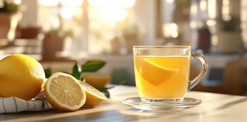 Cozy Warm Lemon Drink in a Clear Mug with Fresh Citrus Slices, Ideal for Healthy Lifestyle and Morning Refreshment