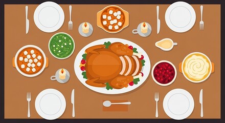 Thanksgiving dinner table setting with turkey and traditional side dishes view