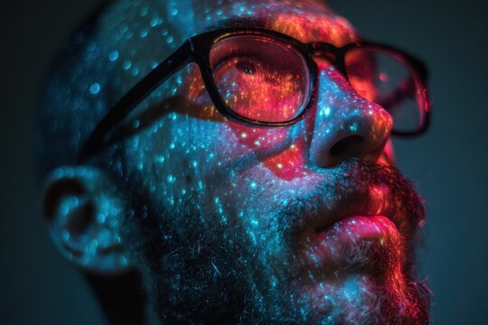 Man with illuminated red and blue lights on his face wearing glasses