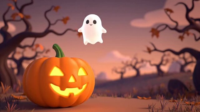 A cute ghost hovering above a glowing Halloween pumpkin landscape.