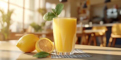 Zesty Lemonade with Fresh Lemons on a Sunny Cafe Table. Excellent for Advertising Healthy Refreshment and Summer Drinks
