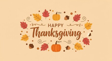 Happy thanksgiving greeting card with pumpkins leaves and acorns on beige background