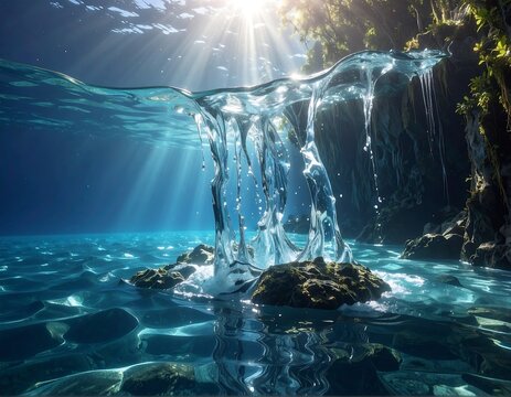 A split view shows the clear waterfall spilling over rocks into the sunlit ocean. Sunlight streams from above