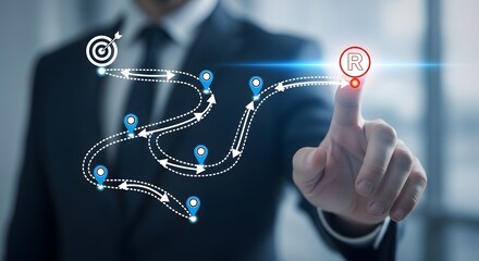 Businessman navigates a digital roadmap towards a cryptocurrency goal