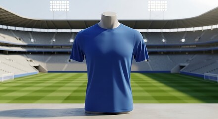 Blue tshirt displayed on a mannequin in the center of a sunlit stadium during the day, showcasing team spirit and athletic wear.