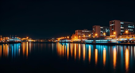 A beautiful long exposure shot of a modern city skyline with vibrant building lights reflecting on the calm water at night