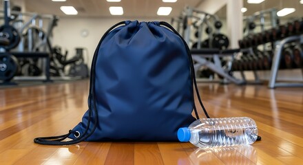 Blue gym bag and water bottle resting on wooden floor inside fitness center, ready for workout session, promoting healthy lifestyle.
