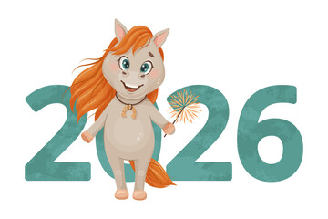 A cute cartoon horse and text 2026. perfect for holiday and winter designs.
