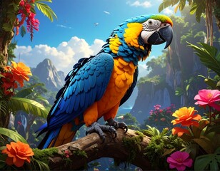 A vibrant parrot perched on a branch in a lush, tropical landscape