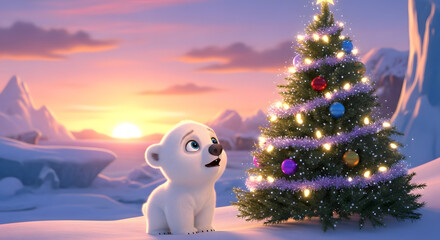Fototapeta premium A heartwarming scene featuring a polar bear cub gazing in awe at a beautifully decorated Christmas tree, evoking a sense of wonder and holiday cheer
