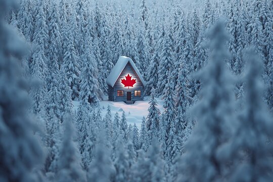 Cozy Canadian cabin glows warmly in a snowy winter forest, a peaceful retreat perfect for holiday escapes and celebrating Canada's natural beauty