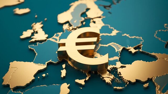 Golden Euro Symbol on Europe Map: Financial Power and Economic Growth
