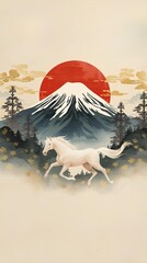 背景素材 馬と富士山と日の丸 Background Horse, Mount Fuji, and the Hinomaru (the Japanese flag) （Generative AI）
