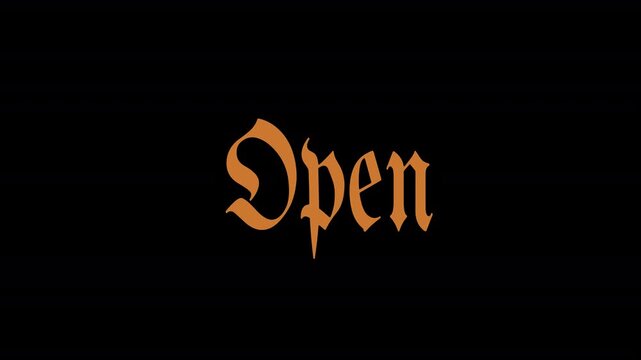 Seamless looping animation text on displaying the word "Open" in an ornate, old-style script font on transparent background. The text is colored in a warm, earthy tone (gold/brown). 4k, QuickTime