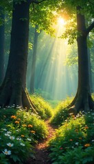 Sun-Dappled Forest Floor Lush Green Foliage, Wildflowers, and Tranquil Summer Scene