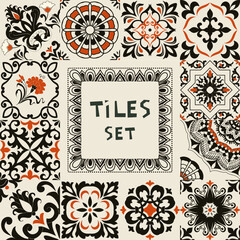 Set of tiles Azulejos in gray. Original traditional Portuguese and Spain decor. Seamless patchwork tile with Victorian motives. Ceramic tile in talavera style. Gaudi mosaic. Vector
