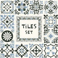 Set of tiles Azulejos in black, blue, white. Original traditional Portuguese and Spain decor. Seamless patchwork tile with Victorian motives. Ceramic tile in talavera style. Gaudi mosaic. Vector

