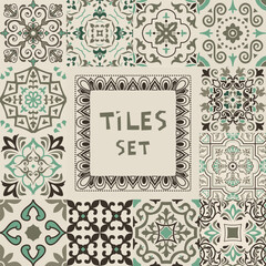Set of tiles Azulejos in gray. Original traditional Portuguese and Spain decor. Seamless patchwork tile with Victorian motives. Ceramic tile in talavera style. Gaudi mosaic. Vector
