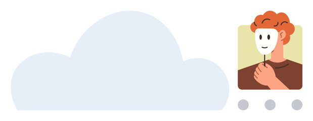 Cloud icon paired with a person holding a mask, symbolizing online anonymity, identity, privacy, and data security. Ideal for digital identity, online communication, privacy, self-expression social