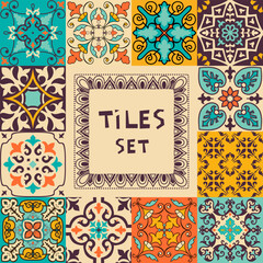 Collection of colorful tile with Islam, Arabic, Indian, ottoman motifs. Majolica pottery tile. Portuguese and Spain decor. Ceramic tiles. Vector illustration
