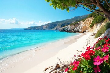 Idyllic Greek Beach Azure Waters Lap Gently on Pristine White Sand, Sun-Drenched Summer Escape in the Cyclades